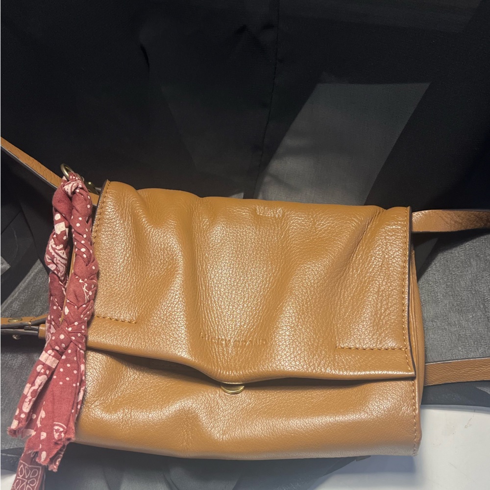 Lucky Brand Tan Shoulder Bag with Structured Design and Decorative Scarf